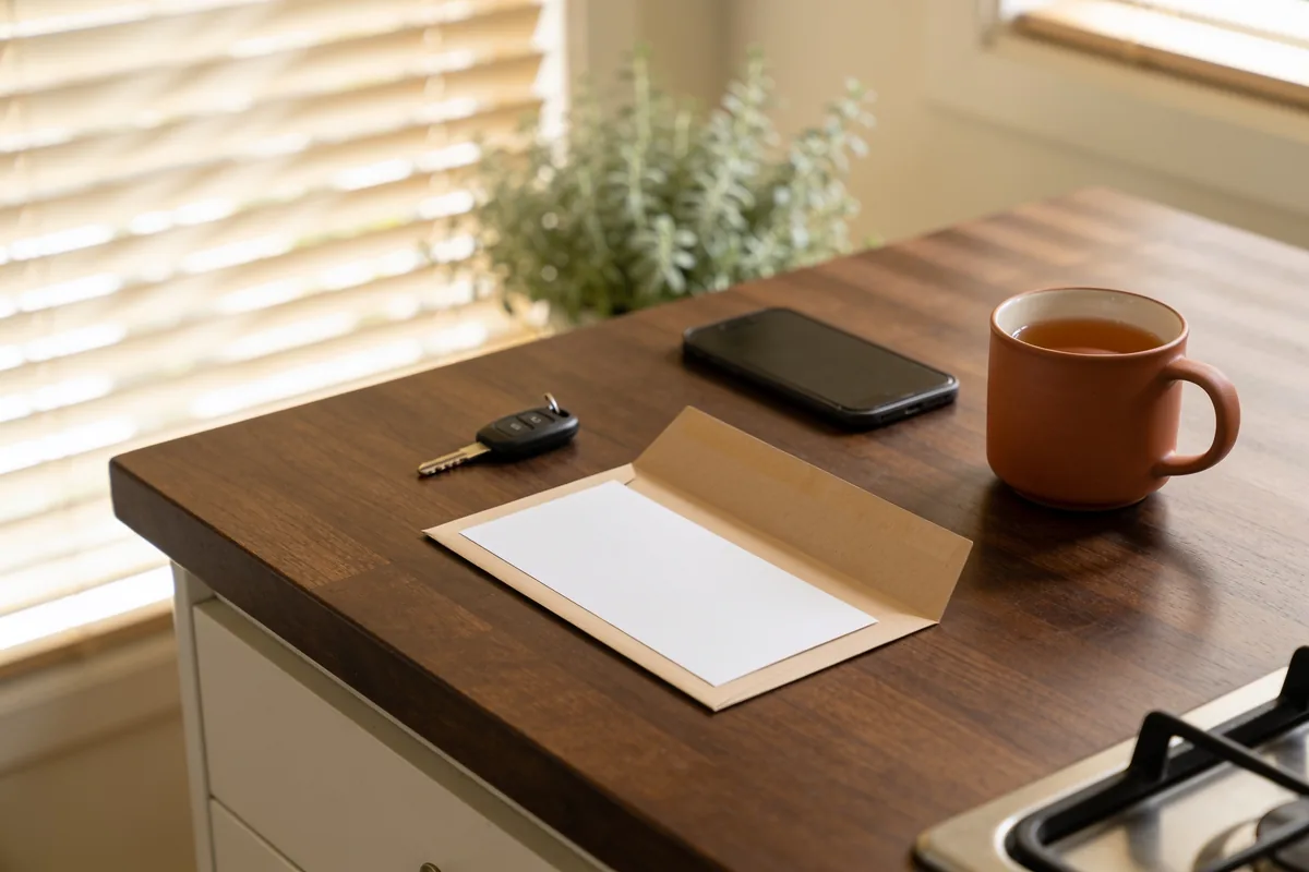 A kitchen bench with a car key, a phone, a mug of tea and a blank card in an open envelope, morning light through timber venetian blinds