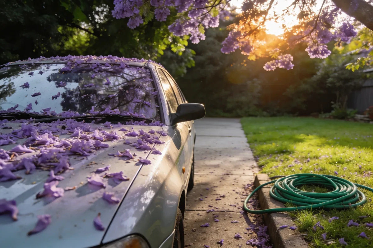 Fallen purple jacaranda flowers covering the bonnet and windscreen of a silver car in a driveway, with a green garden hose coiled on the lawn