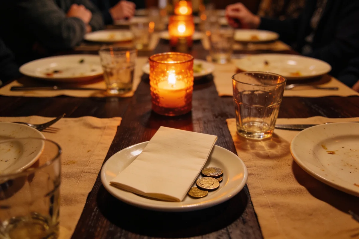 The end of dinner at a long restaurant table, with empty plates and glasses around a candle and a folded napkin and a few coins on a small plate