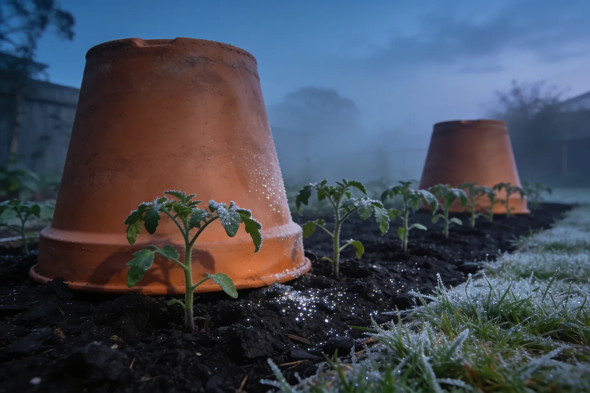 Young tomato seedlings in a dark garden bed at dusk with mist rising and frost on the grass edge, two upturned terracotta pots sitting over plants in the row