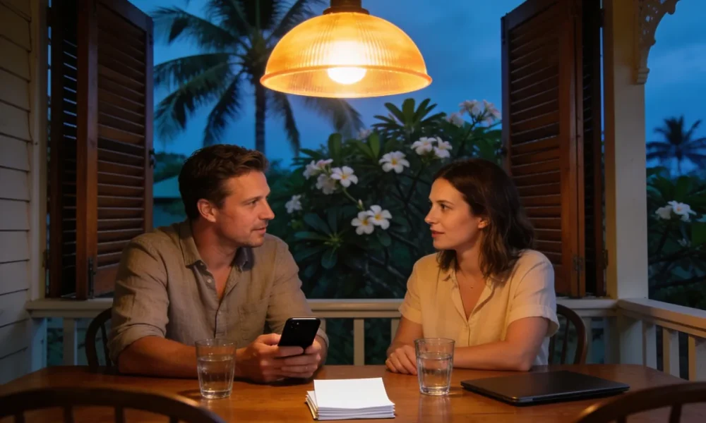 A couple talking at a timber table on a Queenslander verandah at dusk under a pendant light, with a phone, a stack of blank paper, a closed laptop and two glasses of water, and frangipani and palms outside