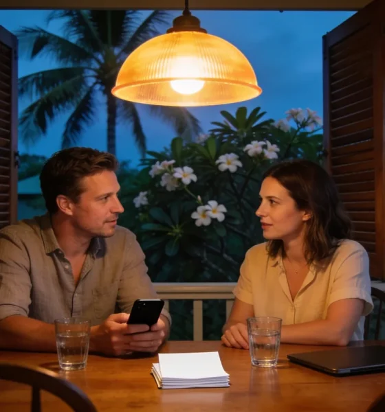 A couple talking at a timber table on a Queenslander verandah at dusk under a pendant light, with a phone, a stack of blank paper, a closed laptop and two glasses of water, and frangipani and palms outside