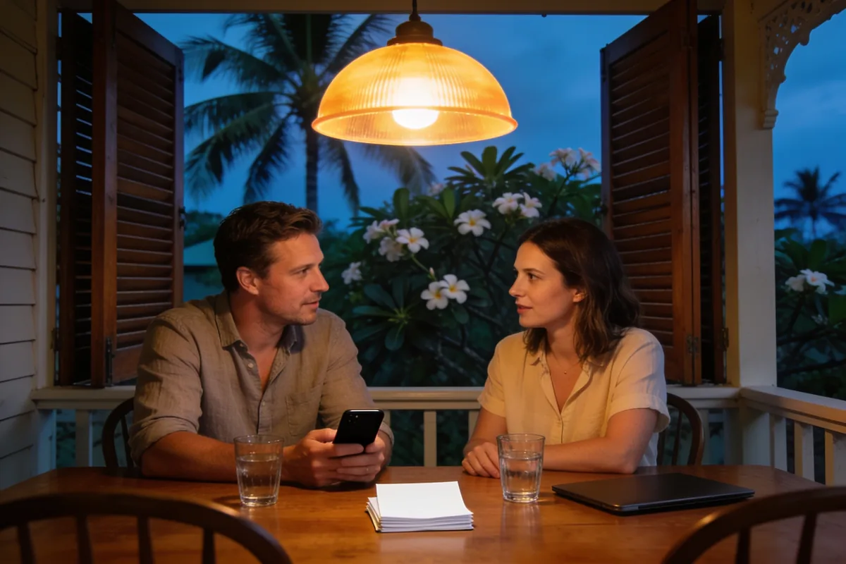 A couple talking at a timber table on a Queenslander verandah at dusk under a pendant light, with a phone, a stack of blank paper, a closed laptop and two glasses of water, and frangipani and palms outside