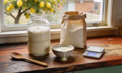 A glass jar of bubbly sourdough starter risen well above a rubber band, beside a bowl of poured-off starter, a paper bag of flour, kitchen scales and a wooden spoon on a timber bench by a window with a lemon tree outside