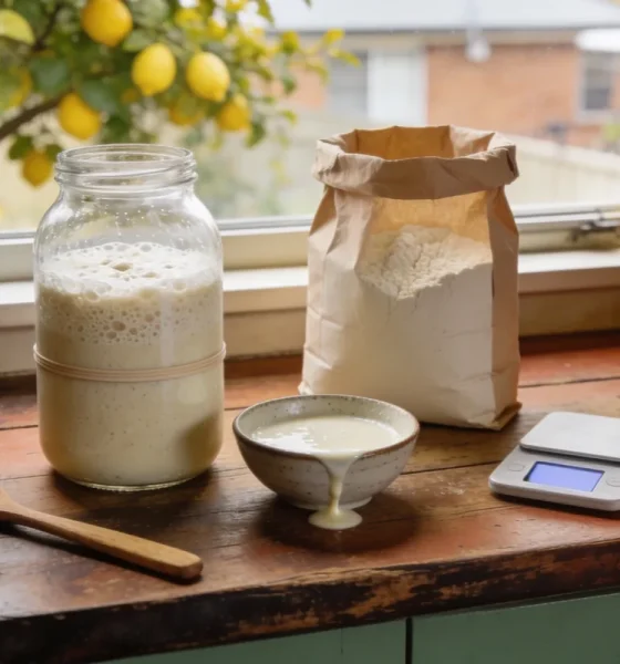 A glass jar of bubbly sourdough starter risen well above a rubber band, beside a bowl of poured-off starter, a paper bag of flour, kitchen scales and a wooden spoon on a timber bench by a window with a lemon tree outside
