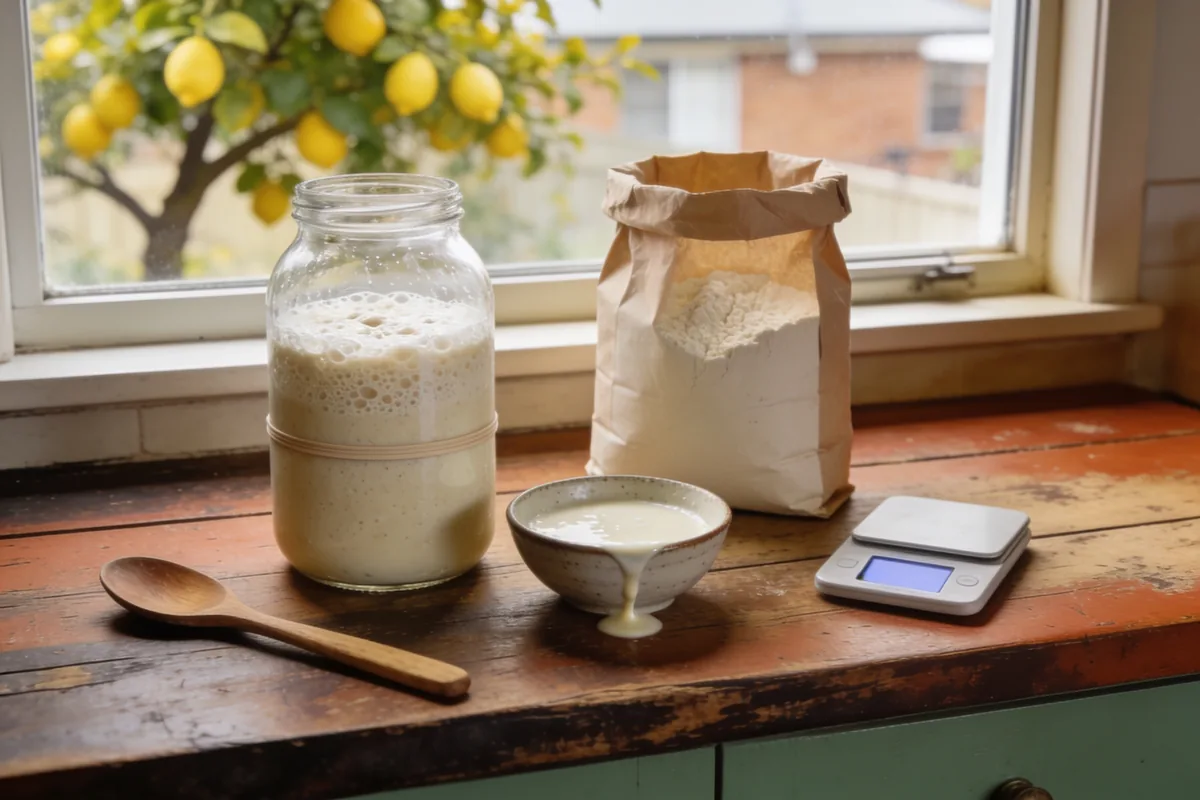 A glass jar of bubbly sourdough starter risen well above a rubber band, beside a bowl of poured-off starter, a paper bag of flour, kitchen scales and a wooden spoon on a timber bench by a window with a lemon tree outside