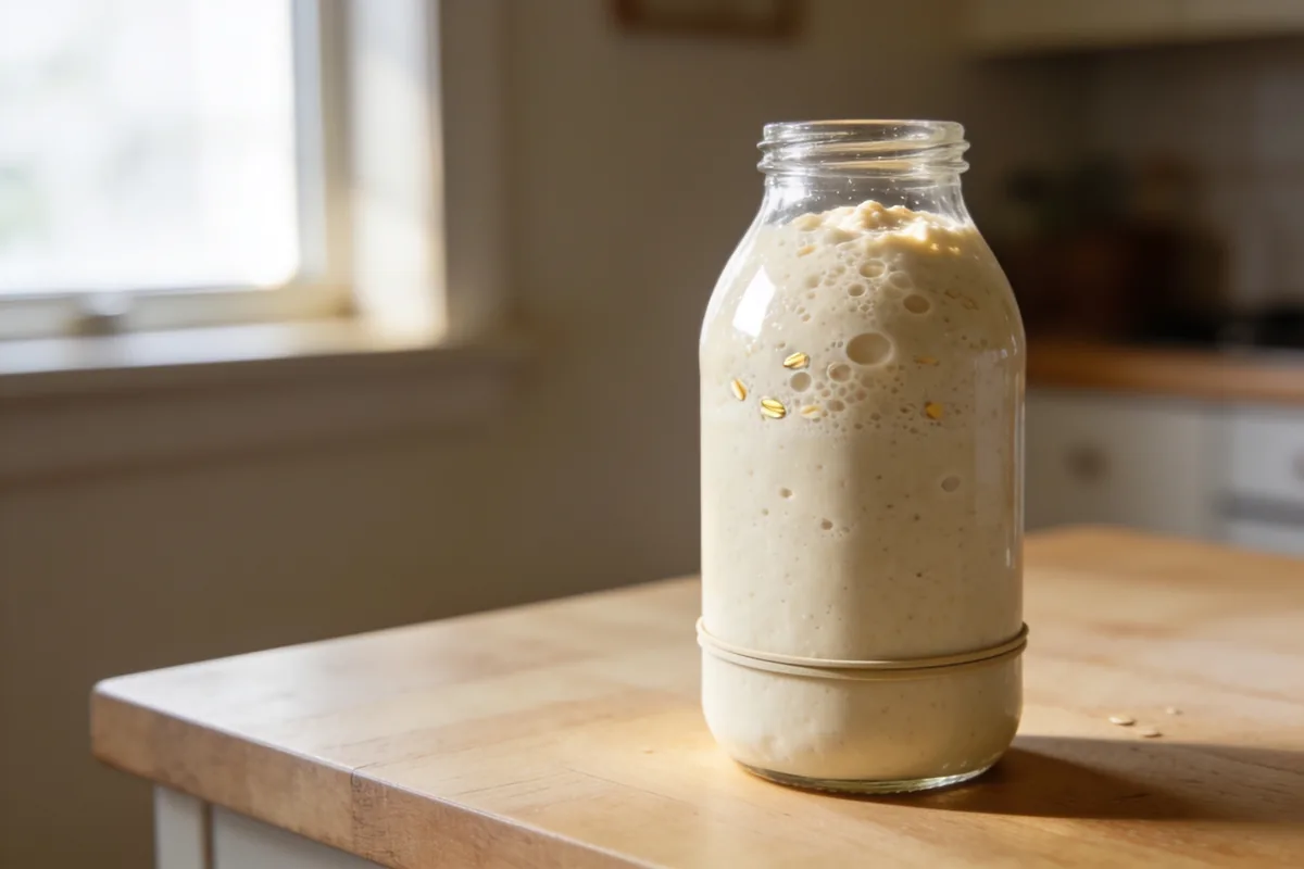 Close view of a glass jar of active sourdough starter at its peak, with a domed top and bubbles through the glass, more than doubled above the rubber band that marks where it started